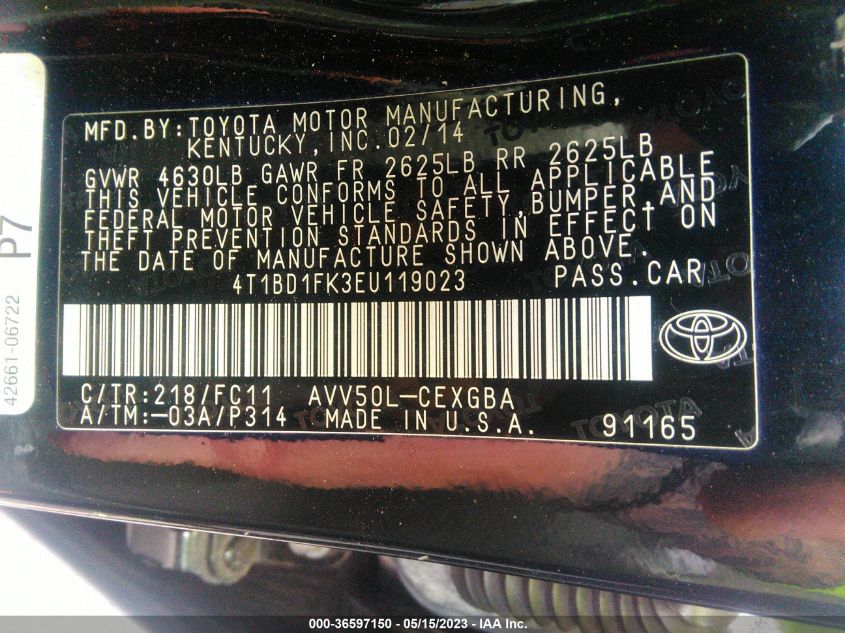 2014 TOYOTA CAMRY HYBRID LE/XLE/SE LIMITED EDITION - 4T1BD1FK3EU119023