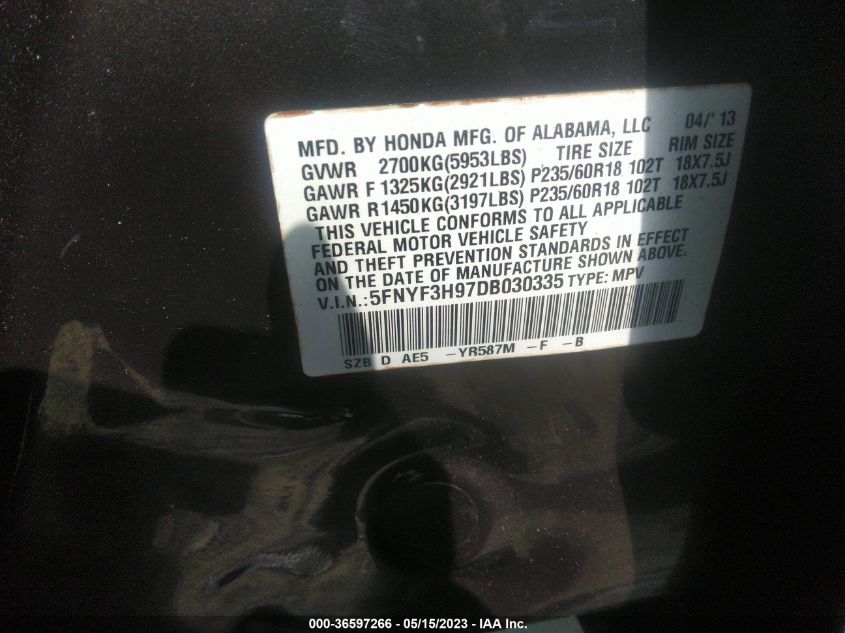 2013 HONDA PILOT TOURING - 5FNYF3H97DB030335