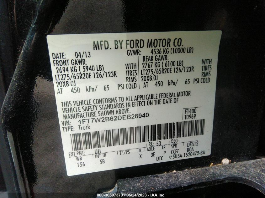 2013 FORD SUPER DUTY F-250 SRW XL/XLT/LARIAT - 1FT7W2B62DEB28940