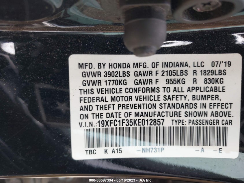 VIN 19XFC1F35KE012857 2019 HONDA CIVIC SEDAN EX