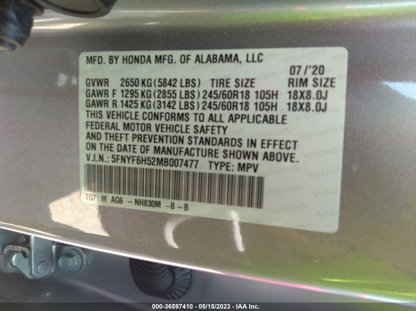 2021 HONDA PILOT EX-L - 5FNYF6H52MB007477