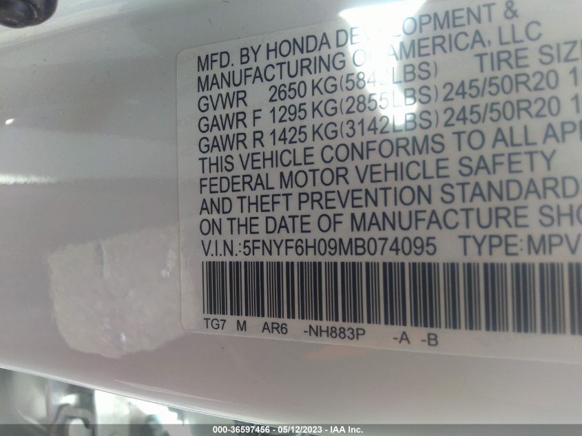 2021 HONDA PILOT ELITE - 5FNYF6H09MB074095