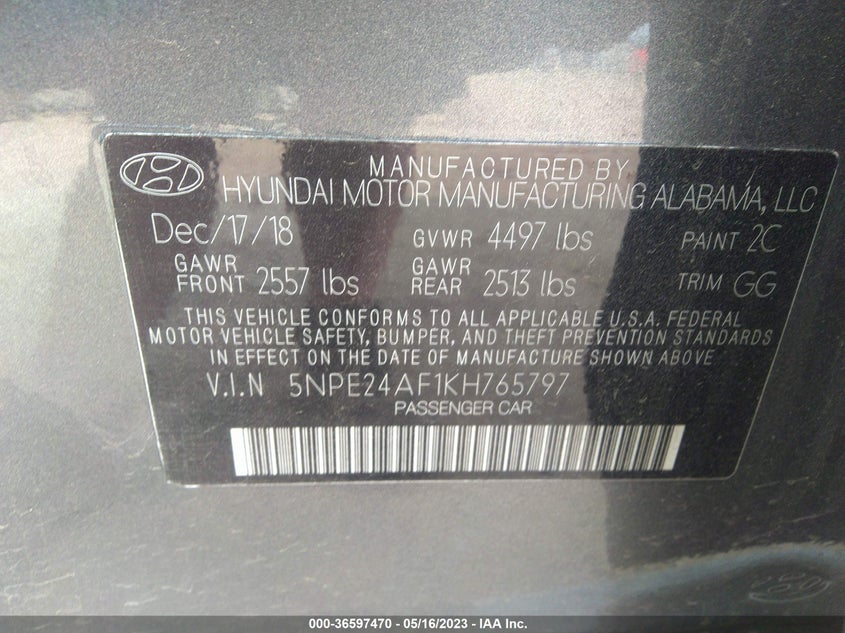 VIN 5NPE24AF1KH765797 2019 HYUNDAI SONATA SE