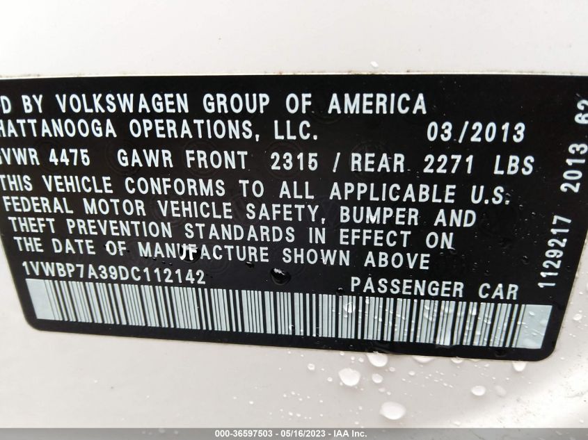2013 VOLKSWAGEN PASSAT SE - 1VWBP7A39DC112142