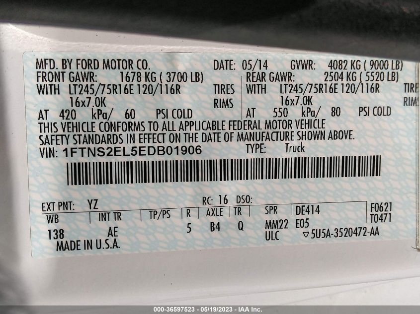 2014 FORD ECONOLINE CARGO VAN COMMERCIAL/RECREATIONAL 1FTNS2EL5EDB01906