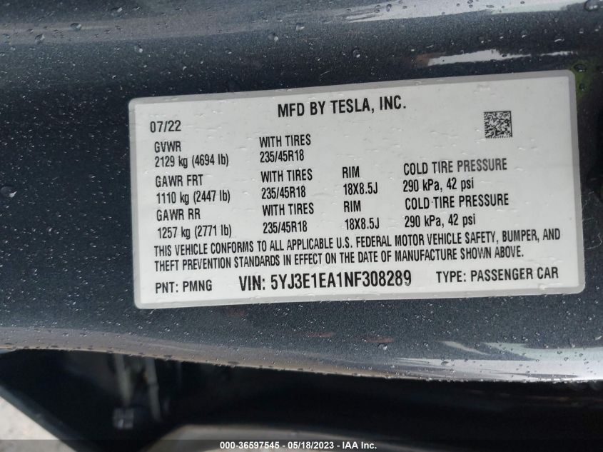 2022 TESLA MODEL 3 - 5YJ3E1EA1NF308289