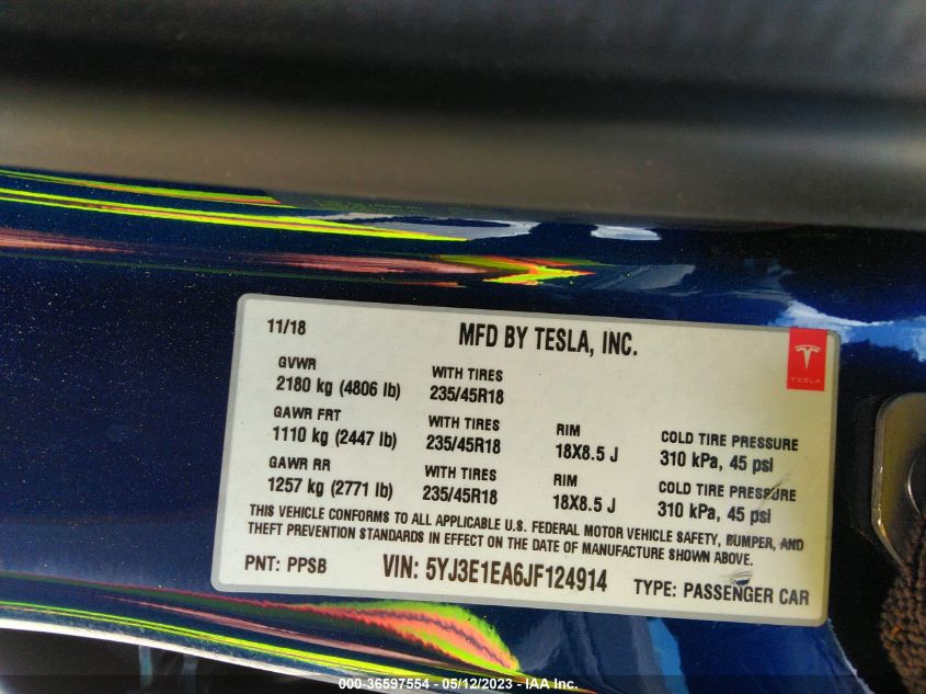 2018 TESLA MODEL 3 RANGE BATTERY - 5YJ3E1EA6JF124914
