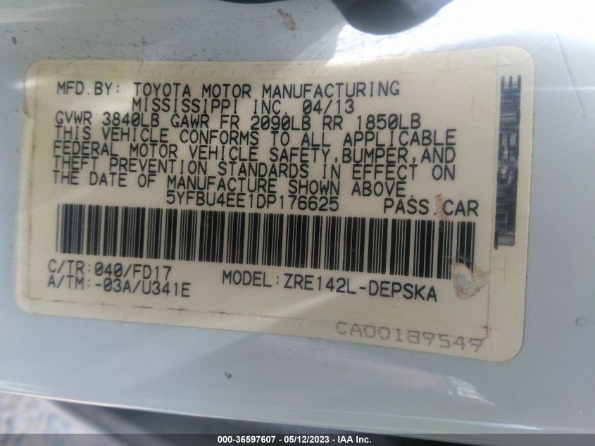 2013 TOYOTA COROLLA L/LE/S - 5YFBU4EE1DP176625