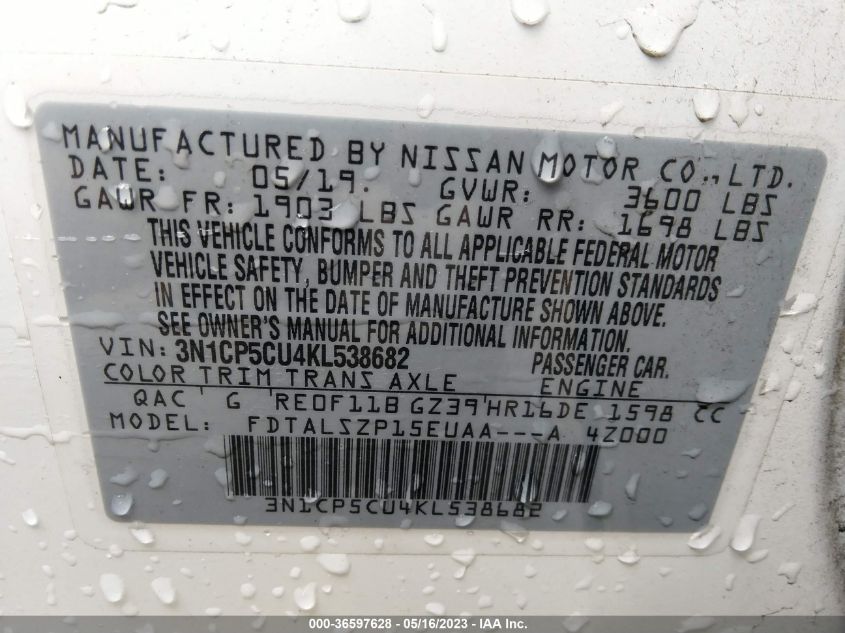 2019 NISSAN KICKS SV - 3N1CP5CU4KL538682