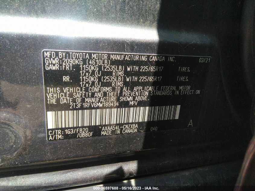 2021 TOYOTA RAV4 LE - 2T3F1RFV6MW189494