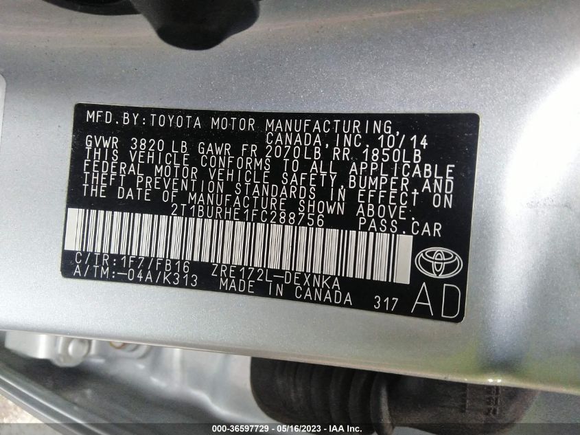 2015 TOYOTA COROLLA L/LE/S/S PLUS/LE PLUS - 2T1BURHE1FC288756