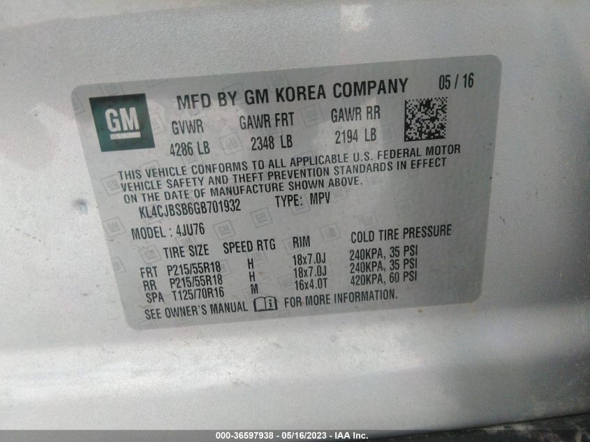 2016 BUICK ENCORE CONVENIENCE - KL4CJBSB6GB701932