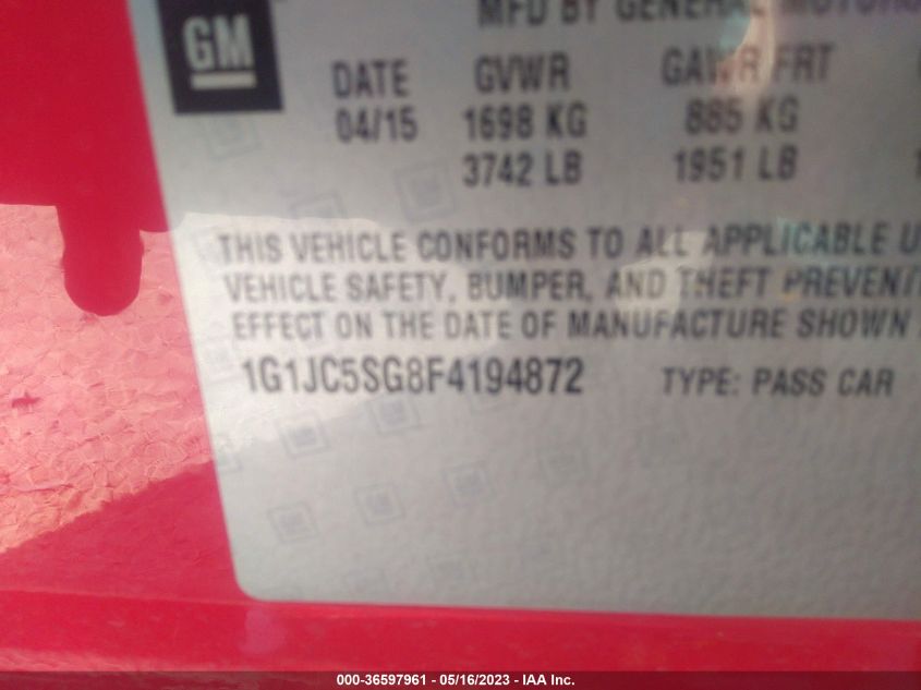 2015 CHEVROLET SONIC LT - 1G1JC5SG8F4194872