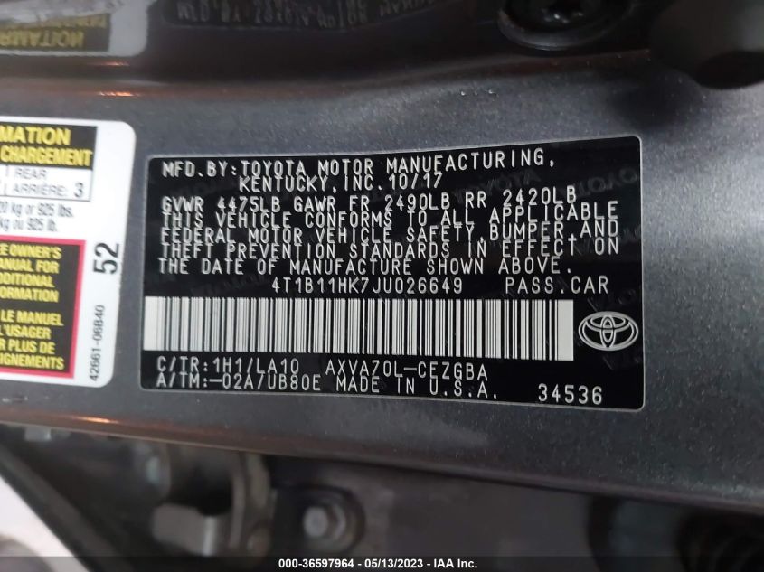 2018 TOYOTA CAMRY LE/SE/XLE/L - 4T1B11HK7JU026649
