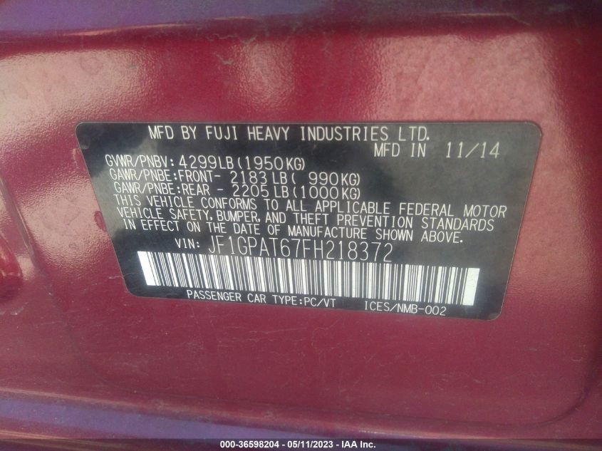 2015 SUBARU IMPREZA WAGON 2.0I SPORT PREMIUM - JF1GPAT67FH218372