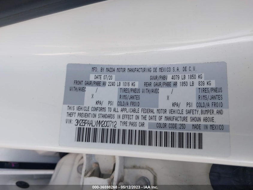VIN 3MZBPAALXMM200712 2021 MAZDA MAZDA3 SEDAN 2.5 S