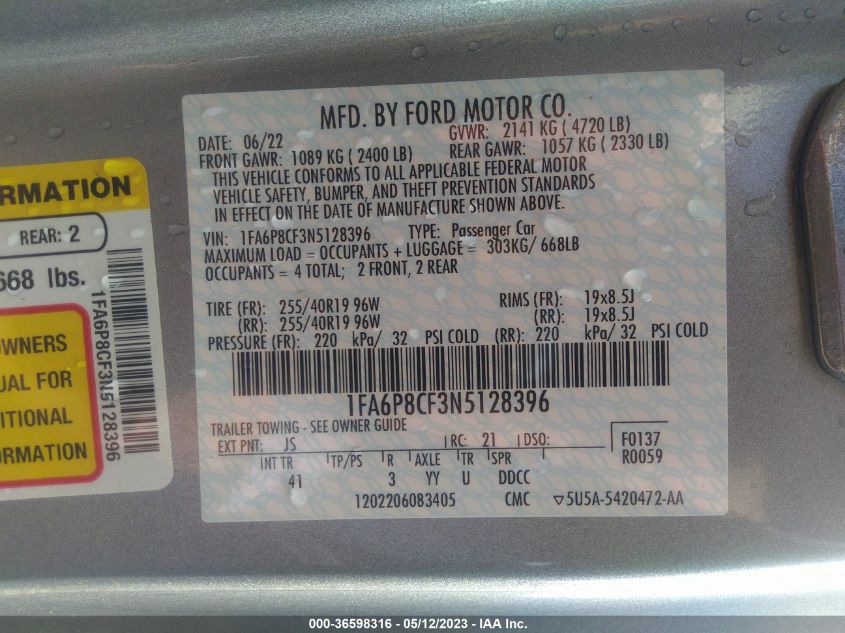 2022 FORD MUSTANG GT - 1FA6P8CF3N5128396