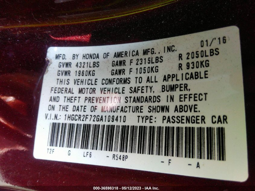 2016 HONDA ACCORD SEDAN EX - 1HGCR2F72GA109410