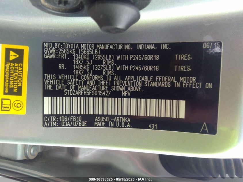 2015 TOYOTA HIGHLANDER LE - 5TDZARFH5FS015427