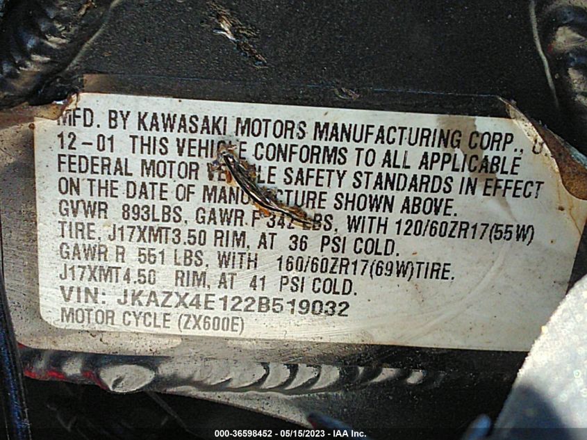 2002 KAWASAKI ZX600 E - JKAZX4E122B519032