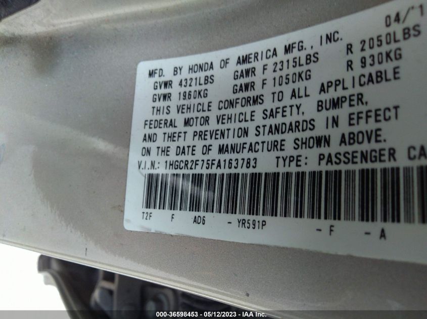 2015 HONDA ACCORD SEDAN EX - 1HGCR2F75FA163783