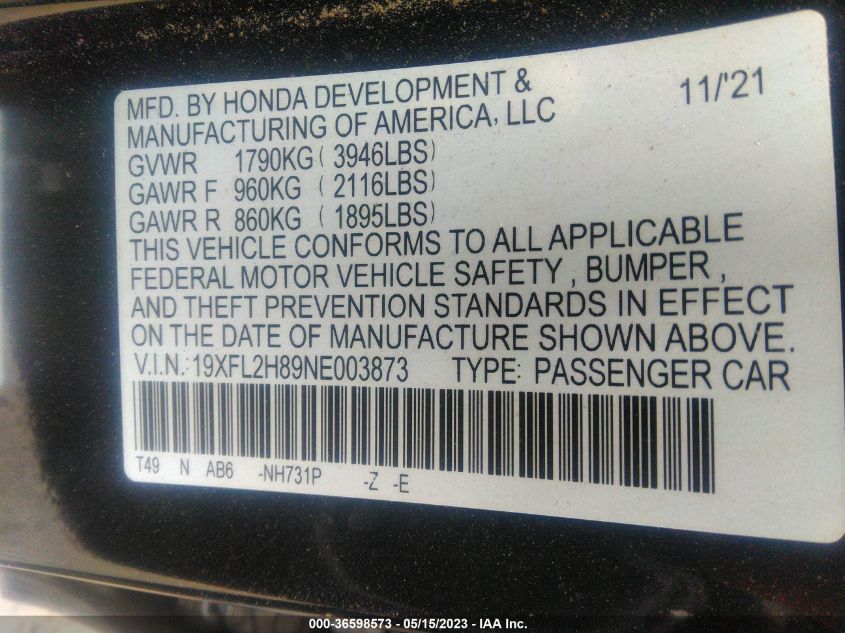 2022 HONDA CIVIC HATCHBACK SPORT - 19XFL2H89NE003873