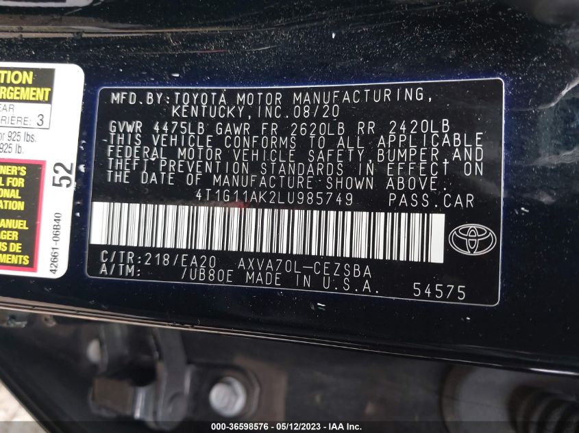2020 TOYOTA CAMRY SE - 4T1G11AK2LU985749
