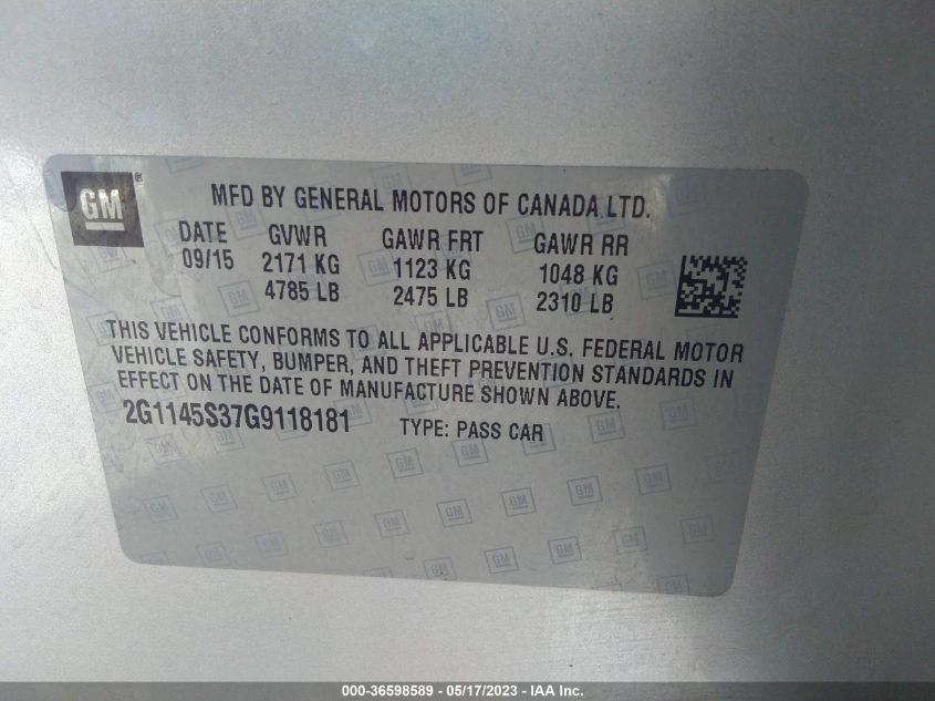2016 CHEVROLET IMPALA LTZ - 2G1145S37G9118181