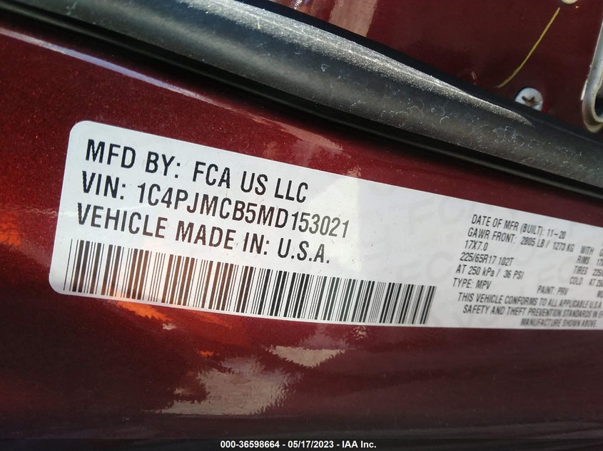 VIN 1C4PJMCB5MD153021 2021 JEEP CHEROKEE LATITUDE