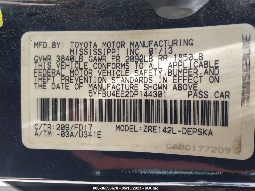 2013 TOYOTA COROLLA L/LE/S - 5YFBU4EE2DP144301