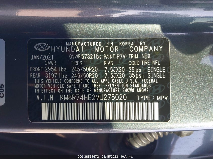 VIN KM8R74HE2MU275020 2021 HYUNDAI PALISADE CALLIGRAPHY