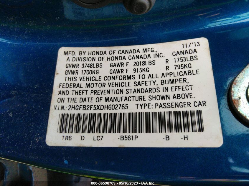 2013 HONDA CIVIC SDN LX - 2HGFB2F5XDH602765