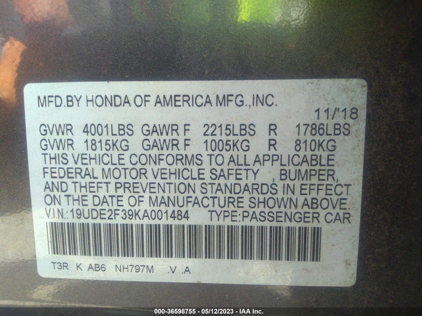 VIN 19UDE2F39KA001484 2019 ACURA ILX