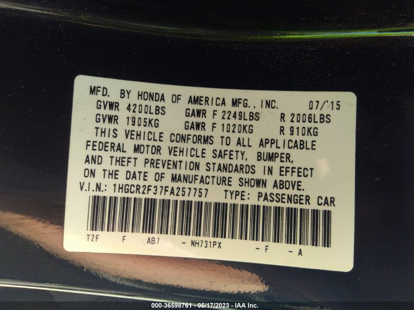 2015 HONDA ACCORD SEDAN LX - 1HGCR2F37FA257757