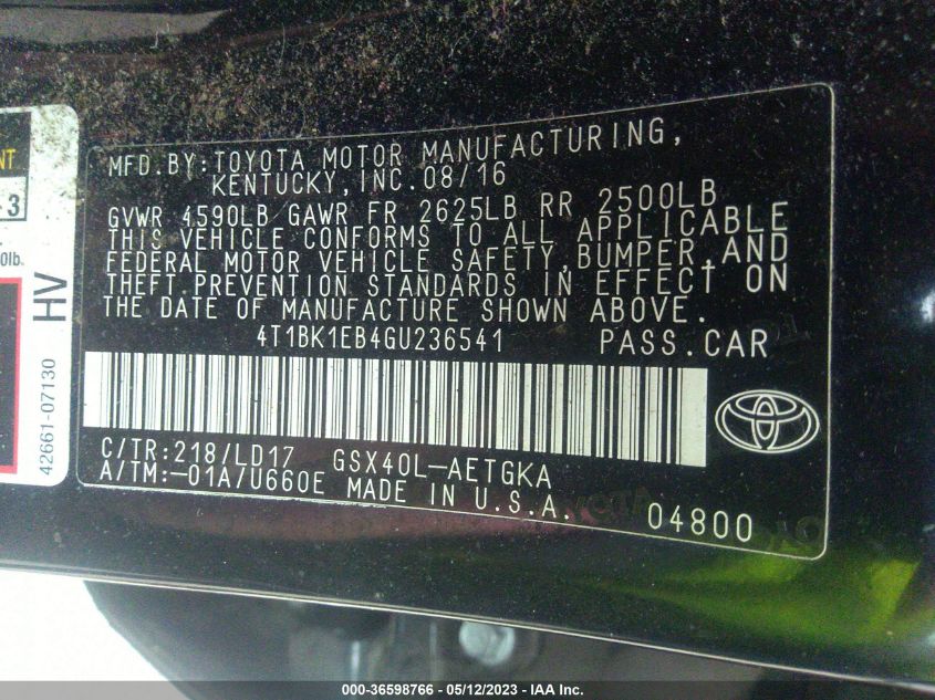 2016 TOYOTA AVALON LIMITED/TOURING/XLE - 4T1BK1EB4GU236541