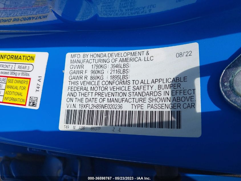 2022 HONDA CIVIC HATCHBACK SPORT - 19XFL2H89NE020236