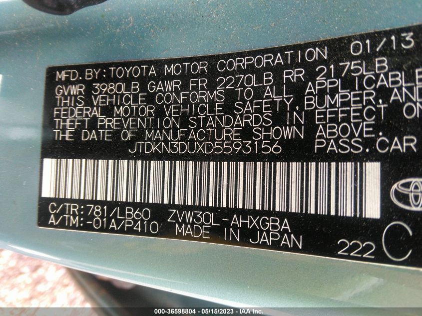 2013 TOYOTA PRIUS ONE/TWO/THREE/FOUR/FIVE - JTDKN3DUXD5593156
