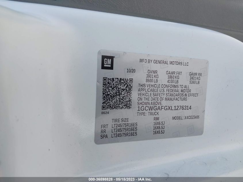 2020 CHEVROLET EXPRESS CARGO VAN - 1GCWGAFGXL1276314