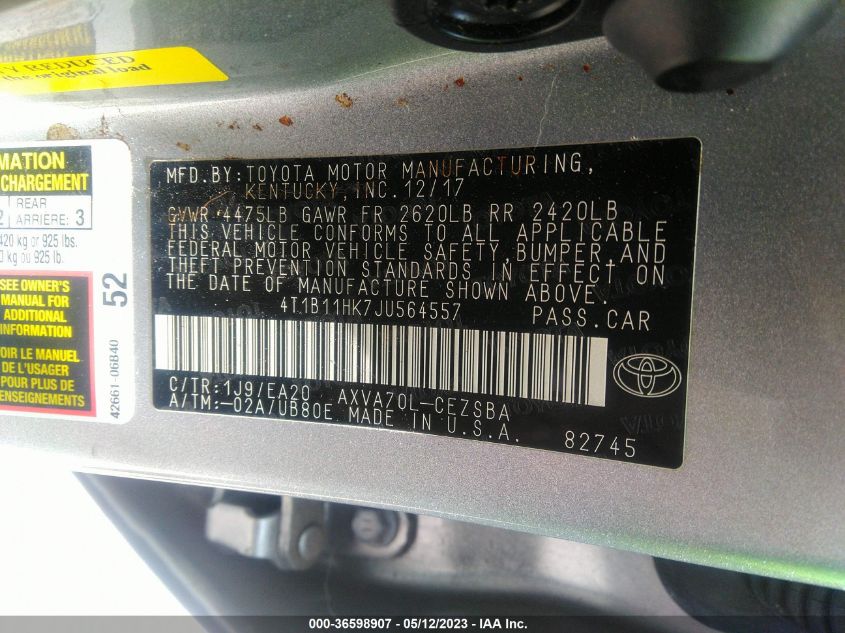 2018 TOYOTA CAMRY LE/SE/XLE/L - 4T1B11HK7JU564557