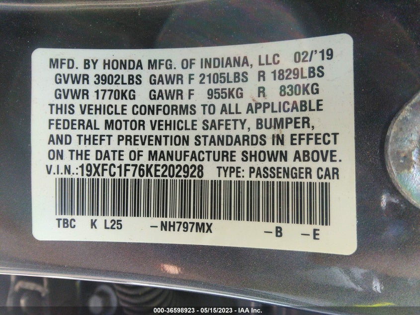 VIN 19XFC1F76KE202928 2019 HONDA CIVIC SEDAN EX-L