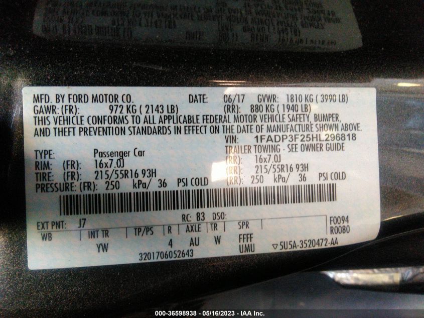 2017 FORD FOCUS SE - 1FADP3F25HL296818