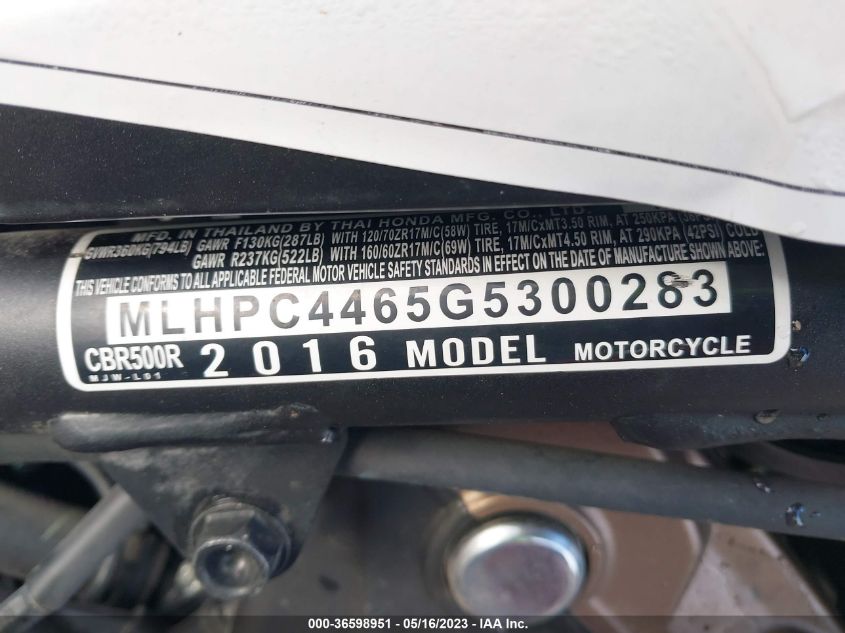 2016 HONDA CBR500 R - MLHPC4465G5300283
