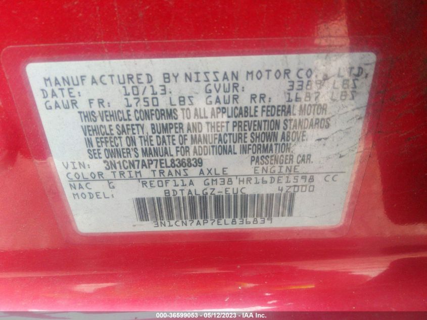 2014 NISSAN VERSA SL - 3N1CN7AP7EL836839