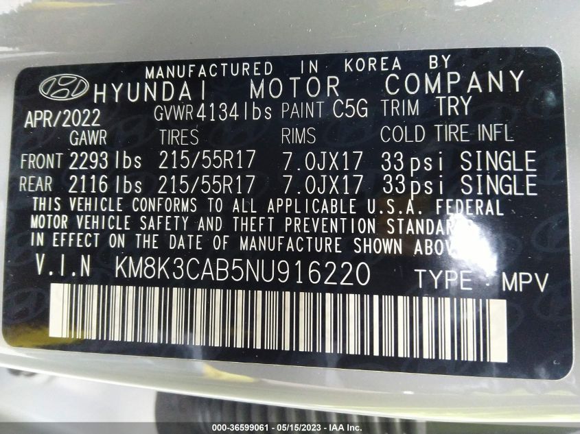 2022 HYUNDAI KONA SEL - KM8K3CAB5NU916220
