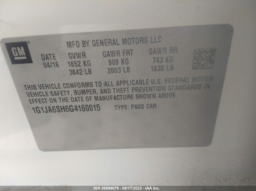 2016 CHEVROLET SONIC LS - 1G1JA6SH6G4160015