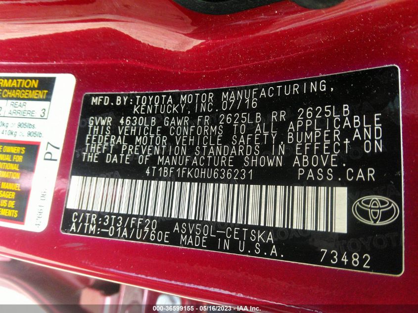 2017 TOYOTA CAMRY XLE/SE/LE/XSE - 4T1BF1FK0HU636231