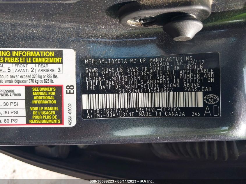 2013 TOYOTA COROLLA L/LE/S - 2T1BU4EE4DC948602