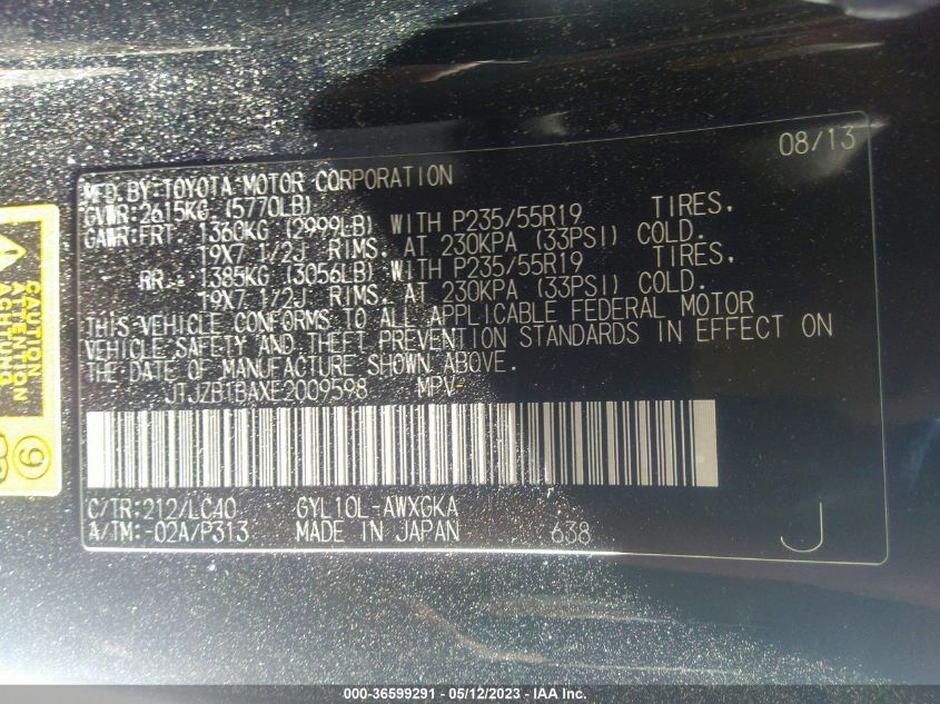 2014 LEXUS RX 450H JTJZB1BAXE2009598