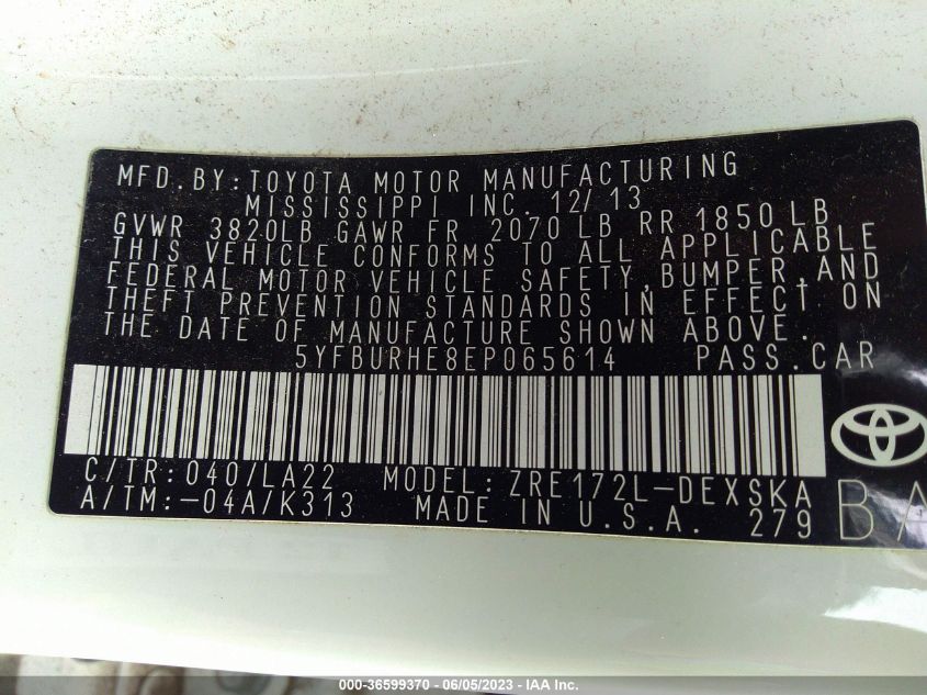 2014 TOYOTA COROLLA L/LE/S/S PLUS/LE PLUS - 5YFBURHE8EP065614