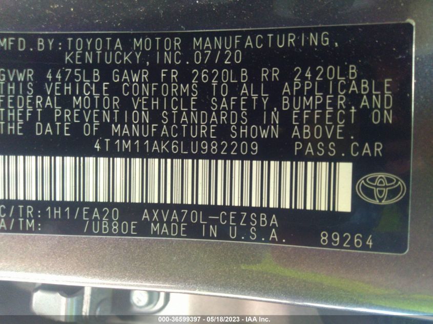 2020 TOYOTA CAMRY SE - 4T1M11AK6LU982209